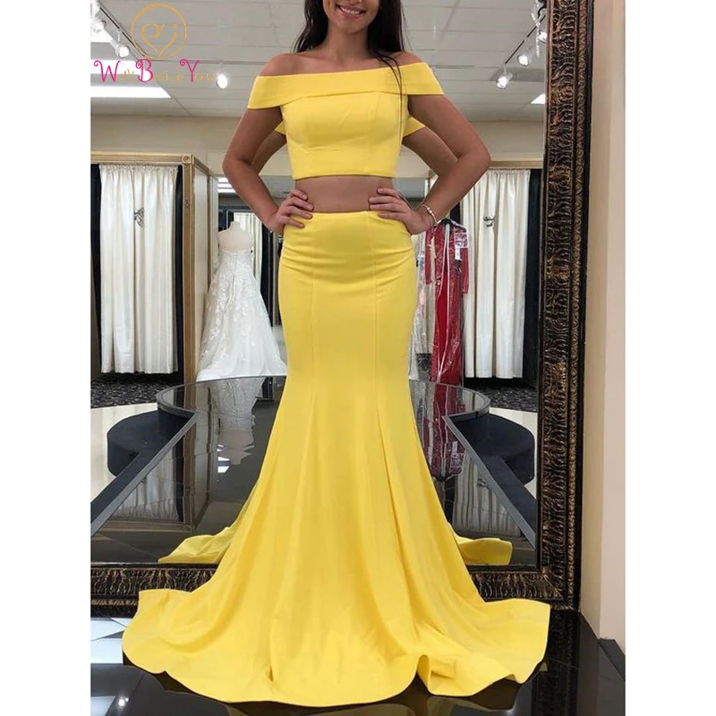 

Walk Beside You Two Piece Prom Dress Off the Shoulder Yellow Mermaid Satin Long Sweep Train Elegant Evening Gown Dress for Women