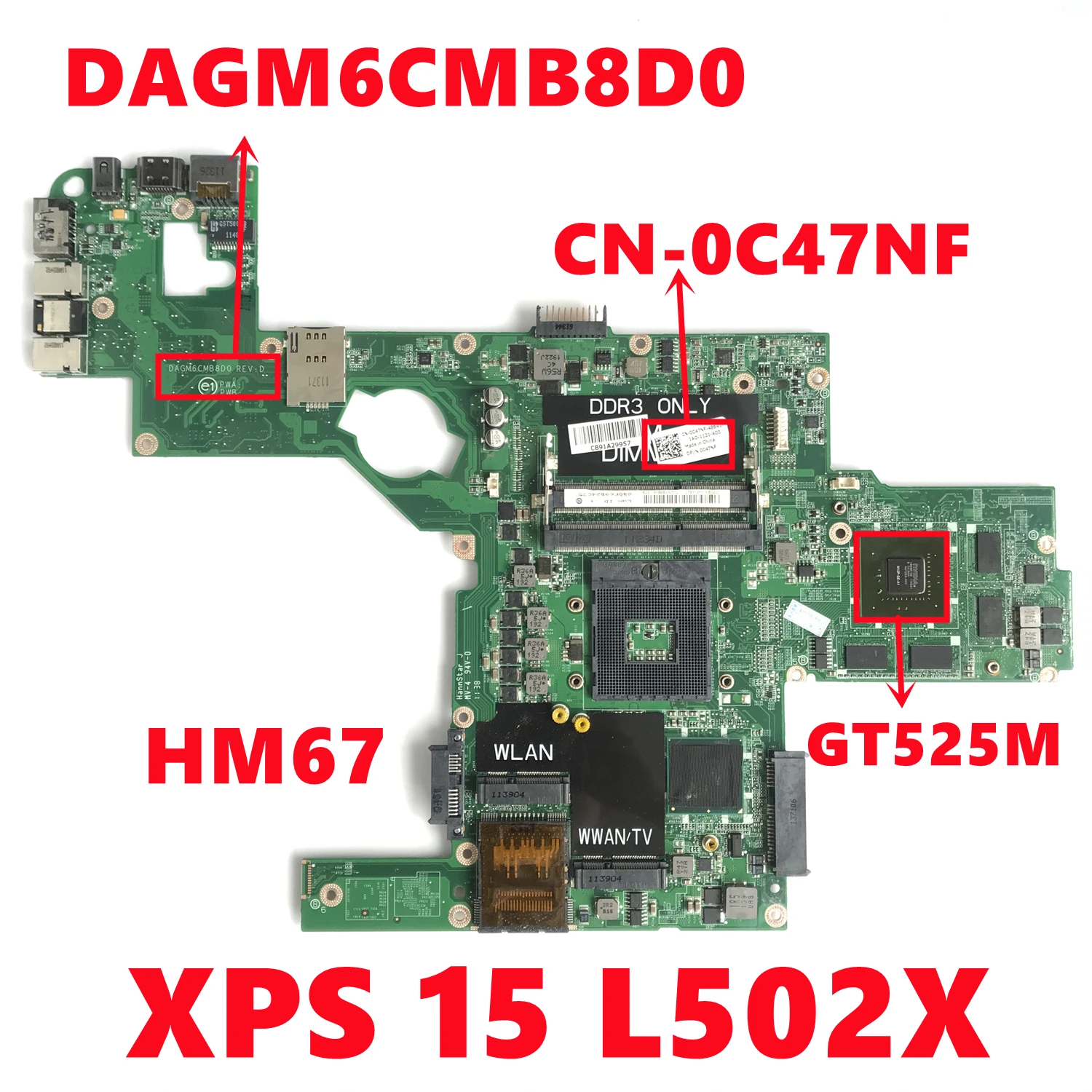 Placa-mãe do Portátil para Dell Cn0c47nf 0c47nf C47nf Mainboard Dagm6cmb8d0 N12p-ge-a1 Hm67 100 Testado Trabalhando