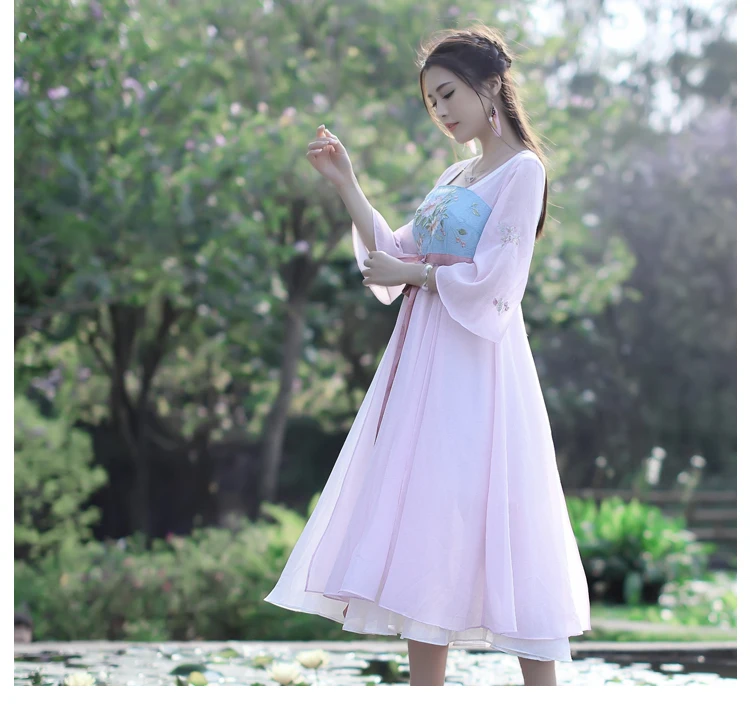 Костюмы для косплея, традиционная китайская одежда, женское летнее винтажное этническое платье с квадратным воротником и рукавом три четверти, розовое платье