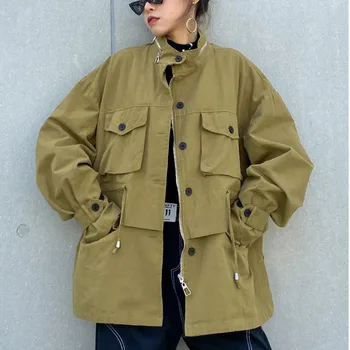 

XUXI Women Fashion Stitching Coat Streetwear Femme Short Jacket Tooling Clothes Vintage Long Sleeve Autumn Winter 2020 FZ3294