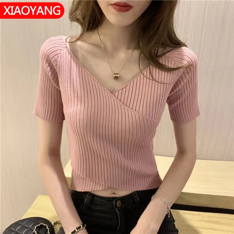 

2020 summer new Korean version simple fashion V-neck hot drilling short sleeve top T-shirt for women XXZ74