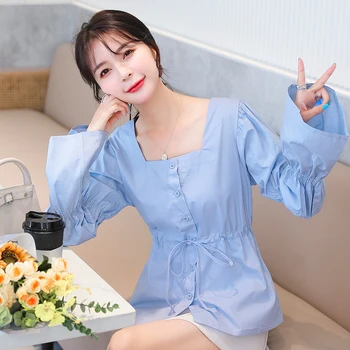 

COIGARSAM Fashion Shirt Womens tops New Spring High Waist Belt Women shirts White Blue 6331