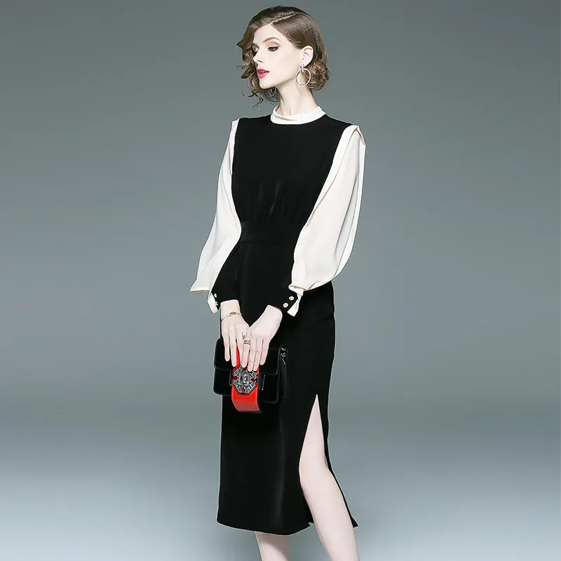 women white black splicing chiffon dresses 2020 summer long sleeve casual sexy office work beach plus size dress loose | Женская одежда
