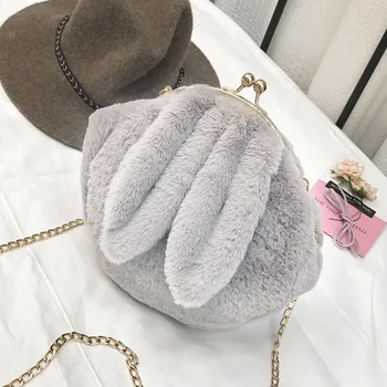 

2020 New Style Korean Version Chain Sling Round Clutch Bag Plush Rabbit Ear Women Shoulder Crossbody Bags Bolso Bandolera