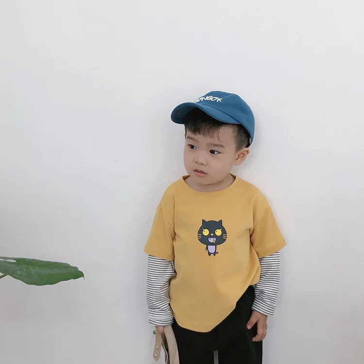 

Boys cute cat patchwork sleeve T shirts kids pure cotton casual fake two pieces clothes Tops