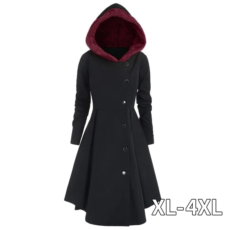 Асимметричное контрастное длинное пальто с капюшоном размера плюс, женское осеннее пальто с открытой передней частью, винтажное пальто, элегантная верхняя одежда