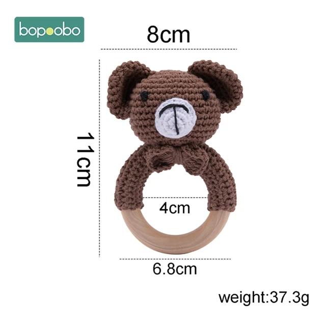 Bopoobo 1pc Baby Rattles Crochet Bunny Rattle Toy Wood Ring Baby Teether Rodent Baby Gym Mobile Rattles Newborn Educational Toys Bear