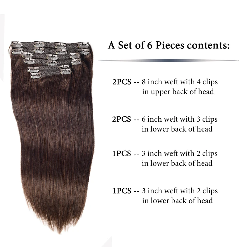Toysww 100% Real Human Hair Extension Full Head 6Pcs/Set Clip in Hair Extensions Dark Brown Color 2,100g 120g