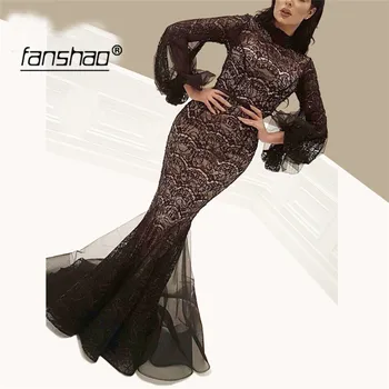

Black Puff Sleeve Illusion Evening Dress Lace Dubai Special Occasion Dress Custom Formal dress Evening Party gown Prom Dress