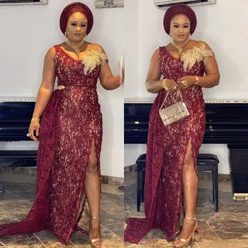 

Burgundy Nigerian Evening Dresses Lace With Applique robe de soiree longue Modest Formal Dress Slit Elegant abiye Vestidos