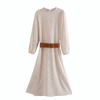 

Elegant ZA Dot Print Dress Women 2020 with Belt Long Sleeve O-Neck Back Opening Female Formal Office Wear Midi Dresses Vestidos