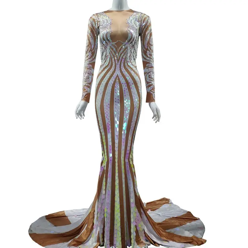 

Новое многоцветное платье с блестками и длинным рукавом стразы, женское платье для выпускного вечера, праздновечерние, платье с длинным хвостом, Сексуальное вечернее облегающее платье