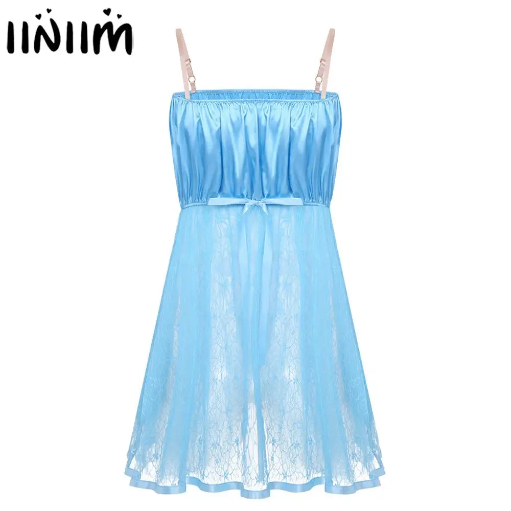 Iiniim Мужское нижнее белье SISSY платье Babydoll Гладкий атласный лиф прозрачное кружевное платье Ночное гей мужские вечерние платья