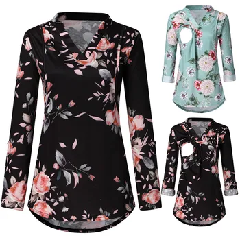

TELOTUNY NEW Women Maternity Long Sleeve Breastfeeding Print Flower Nursing Tops Blouse Spring Fashion V-neck Maternity Top