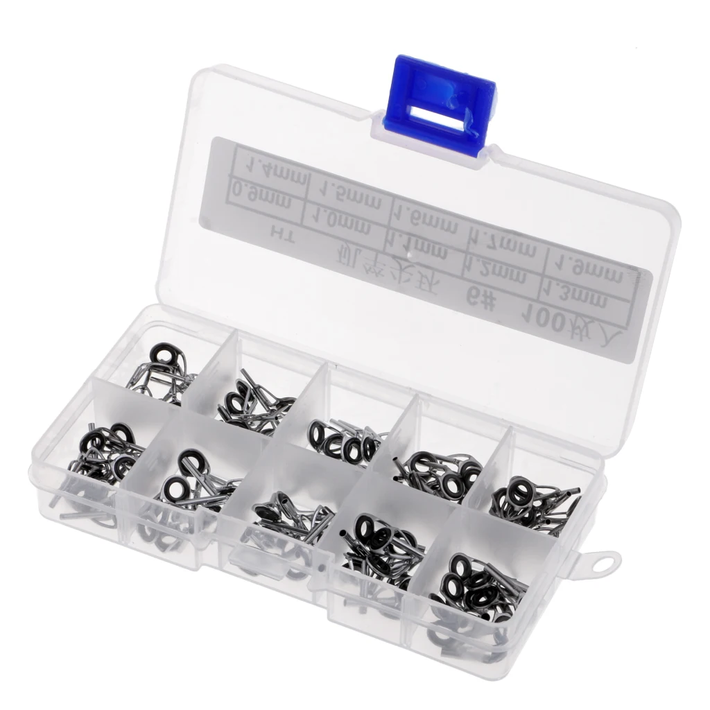 100Pcs/box Stainless Steel Fishing Rod Guides Eye Rings Pole Tip Repair Kit 10 Sizes