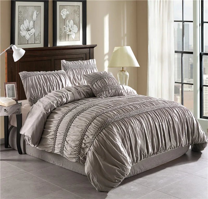 

Princess White Grey Duvet Cover Set With Cushion Cover pintucks 4pcs Queen Size Bedclothes Bedding Sets (No filling No sheet)