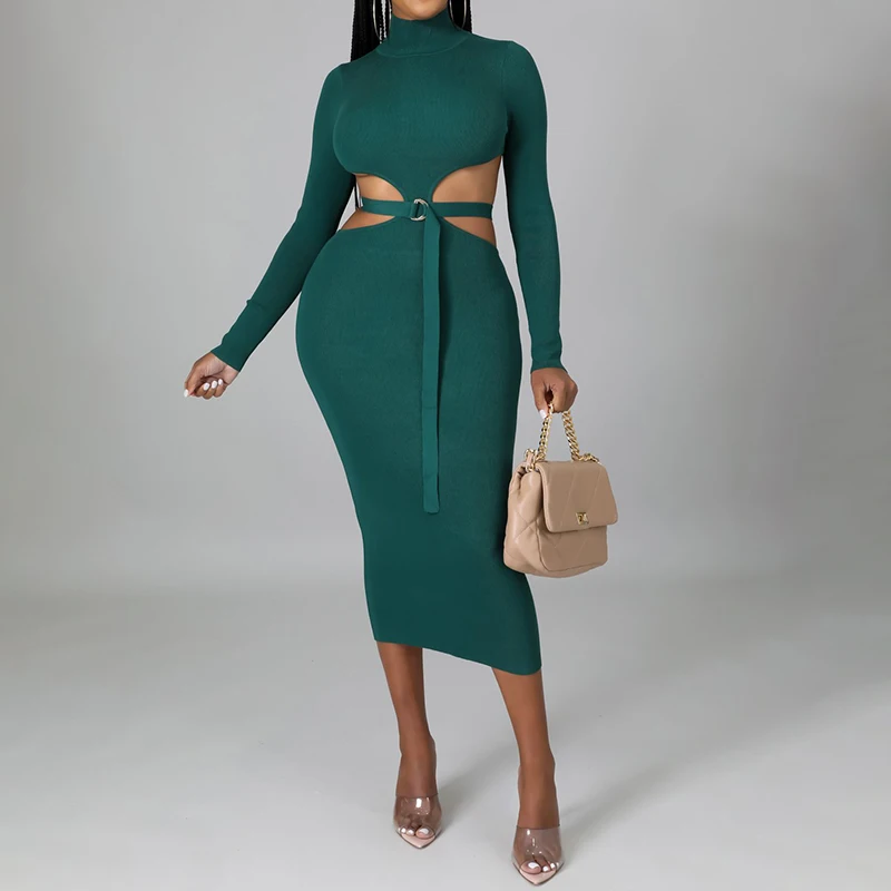 

Irregular Design Bodycon High Neck With Belt Midi Dress Sexy Waist Cut Out Women Fashion High Waist Slimming Elegant Party Dress