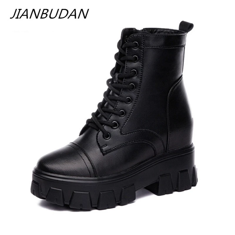 

JIANBUDAN New women's platform Short boots Height Increasing Casual autumn leather boots Winter plush warm waterproof snow boots