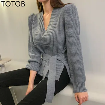 

TOTOB New 2019 Autumn Winter Women's Sweaters V-Neck Minimalist Lace Up Tops Fashionable Korean Style Casual Solid