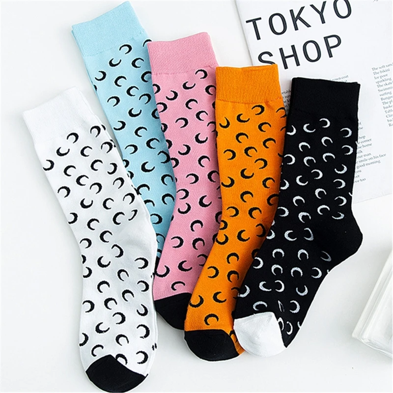 Уличная одежда с рисунком Полумесяца забавные Женские носочки Kawaii черные белые японские корейские стильные розовые носки осень зима
