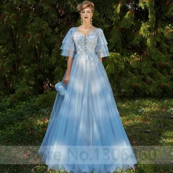 

Spring New Fashion 2020 Evening Dress Blue Prom Dress Half Sleeve Floor Length Formal robe de soiree