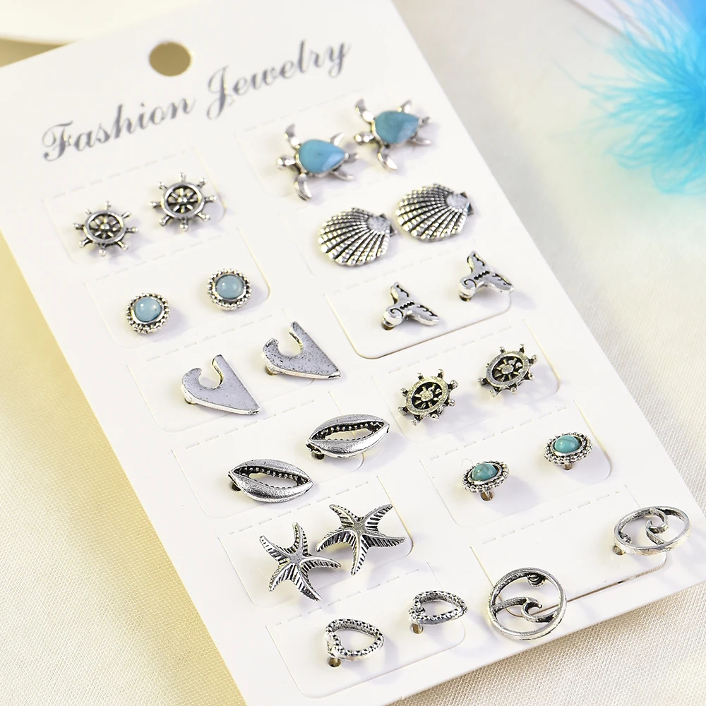 12 Pairs/Set Cute Fashion Earrings Sea Turtle Mermaid Tail Rudder Ear Stud Earrings Set Women Girls Jewelry