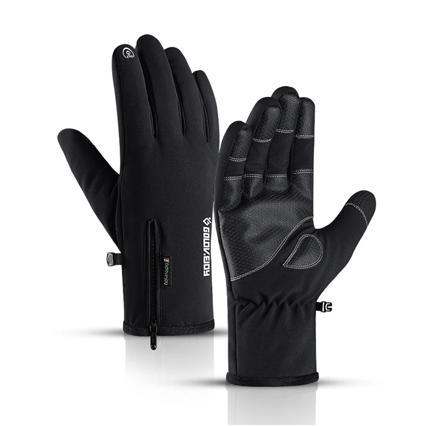 Winter Waterproof Gloves Touch Screen Anti-Slip Zipper Gloves Men Women Riding Skiing Warm Fluff Comfortable Gloves Thickening - Цвет: Black Gloves