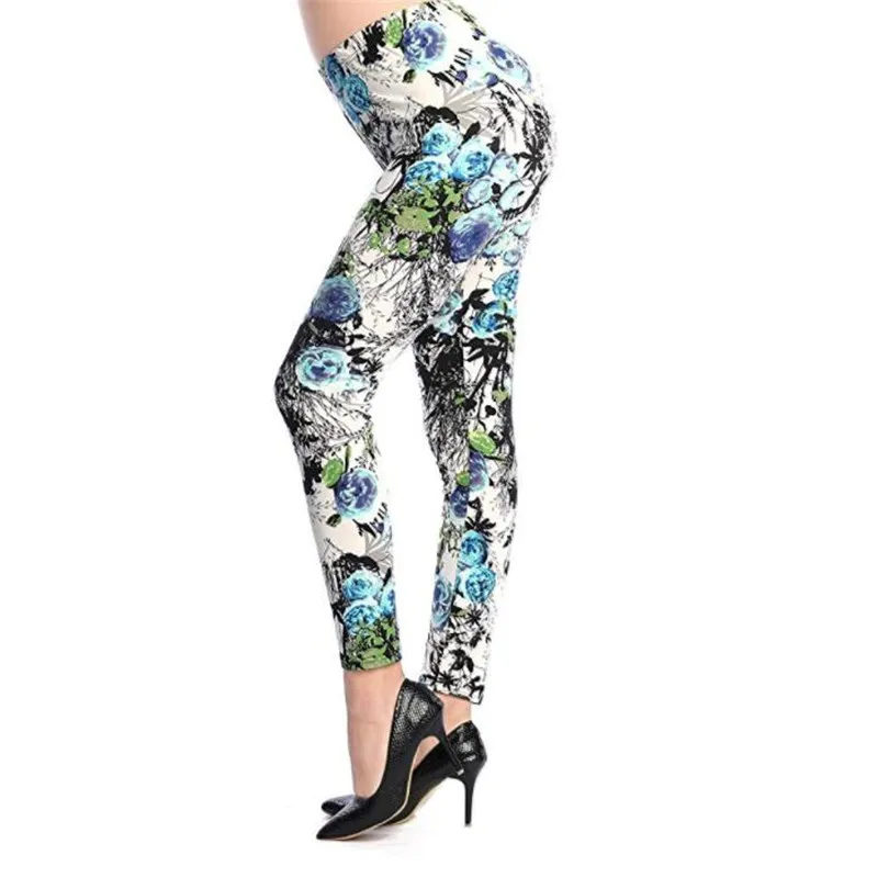 YRRETY New Floral Patterned Printed Leggings Fashion Sexy Women Lady Slim Cotton Pants Black White Vintage Graffiti Trousers