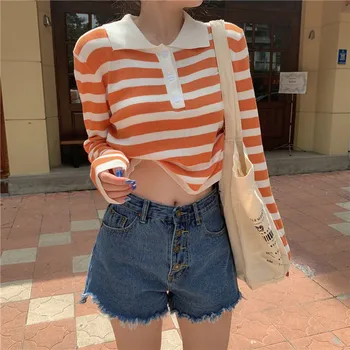 

Real shot! New autumn 2020 retro stripe knitted long sleeve top