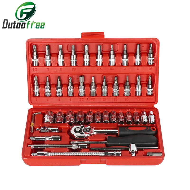 46PCS Drive Socket Set 1/4 inch Ratchet Wrench with Sockets Metric Hex Bit Socket Set Mechanic Tool Kits for Auto Repair Hous