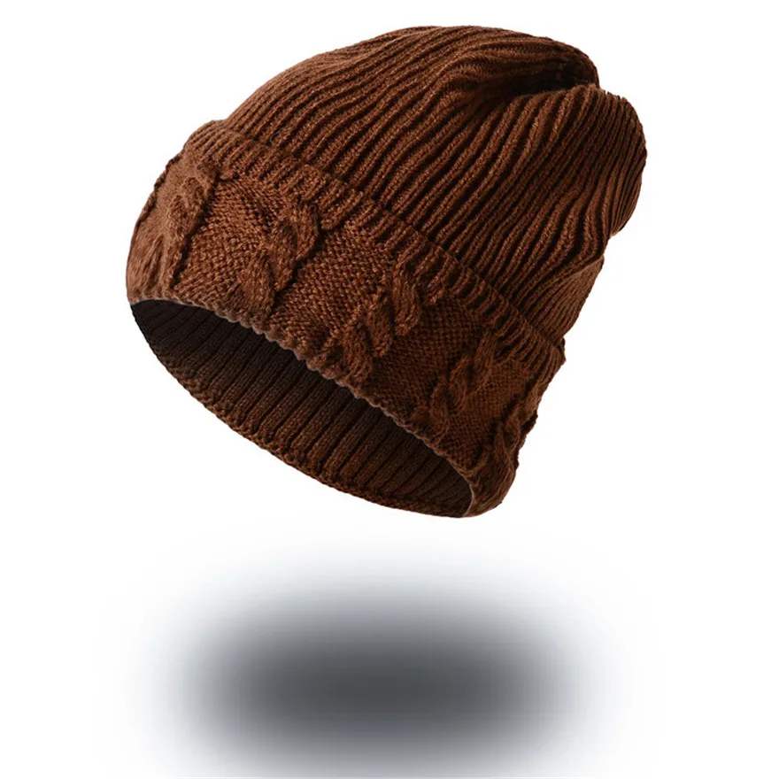 brown New men's autumn and winter outdoor knitted wool hat cuffed hooded fashion casual warm acrylic cap for men and women - Цвет: brown