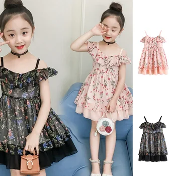 

Floral Printing Kids Short Dress Baby Girl Summer High Waist Short Sleeve Off Shoulder Summer Mini Dress