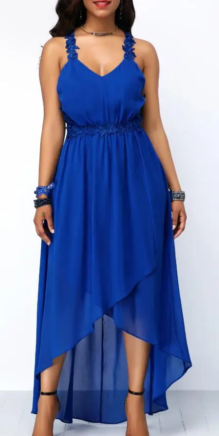 WEPBEL женское платье большого размера, без рукавов, на бретелях, однотонное, цветочное, кружевное, сексуальное, с оборками, модное, повседневное, летнее, женское, длинное, макси платье - Цвет: Синий