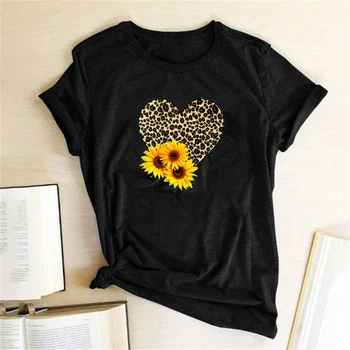 

Leopard Heart Sunflowers Printing T-shirts Women Short Sleeve Summer Tops Tees Women Casual 2020 Clothes Camiseta Mujer Verano