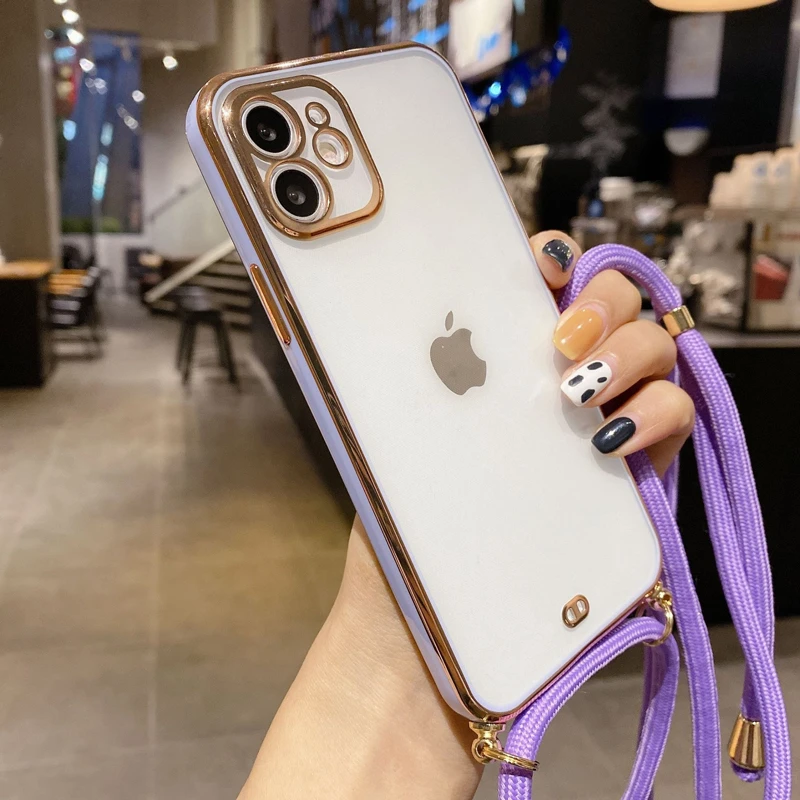 for iPhone 12 Pro Max Mini 11 XS X XR SE 2020 7 8 Plus Case Luxury Plated Soft Transparent Rope Crossbody Shoulder Lanyard Cover iphone 7 silicone case