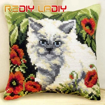 

Cross Stitch Cushion Dog with Cat Make Your Own Pillow DIY Chunky Cross Stitch Kits Pre-Printed Canvas Acrylic Yarn Pillow Case