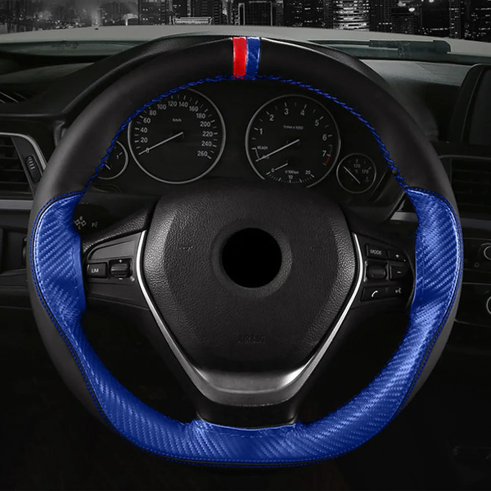 15 inch/38 cm Anti-slip Car Steering Wheel Cover DIY Carbon Fiber And Thread Soft Leather Auto Car Steering Wheel Covers