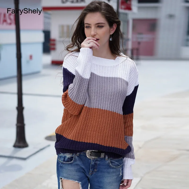 

Autumn Winter Brown Striped Knitted Sweater Women 2019 O-Neck Casual Loose Oversized Sweater Pullovers Long Sleeve Female Tops