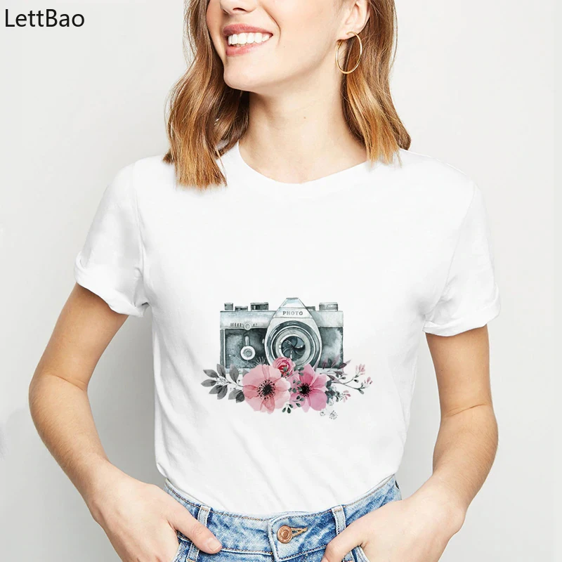 

New Fashion Flower Camera Print Graphic Women Tshirt Casual Camisas Mujer Aesthetic Tshirt Cotton Top Tee Harajuku Femme