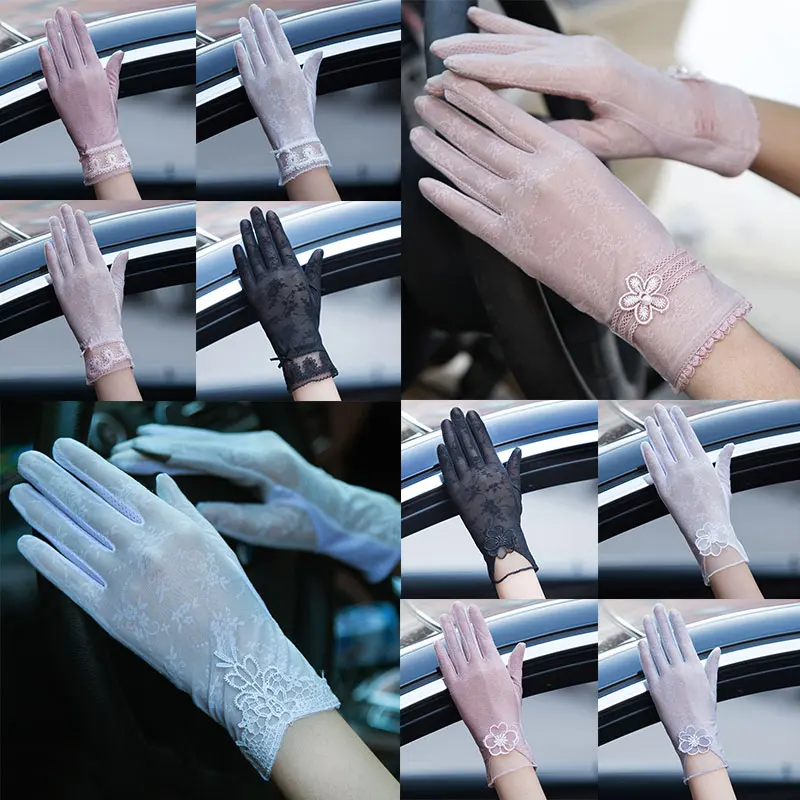 

Lace Gloves Wrist Ice Silk Transparent Florla Driving fishnet gloves Touch Screen Sunscreen Gloves Pearl Beaded Mittens Glove