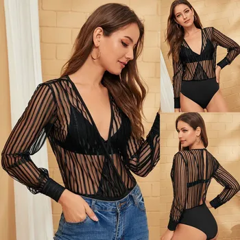 

Sexy Women's See-through Long Sleeve Bodysuit Women Summer Casual Sexy Solid Sleeveless Hollowing Out Strapless Jumpsuits