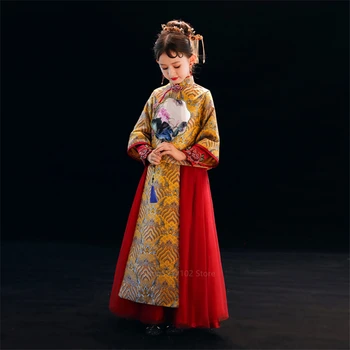 

2020 Children Chinese Traditional Clothing Cheongsam Baby Girls Wedding Party Flower Girls Stage Performance Evening Dress Qipao