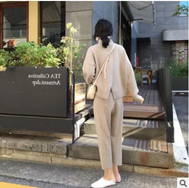 

South Korea Dongdaemun Solid Color Set Autumn And Winter Korean-style High Collar Long Sleeve Loose-Fit Sweater High-waisted Loo