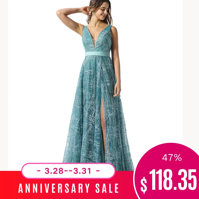 

Dressv Light Hunter Evening Dress V Neck Sleeveless Split Front Lace A Line Zipper Up Wedding Party Formal Evening Dresses