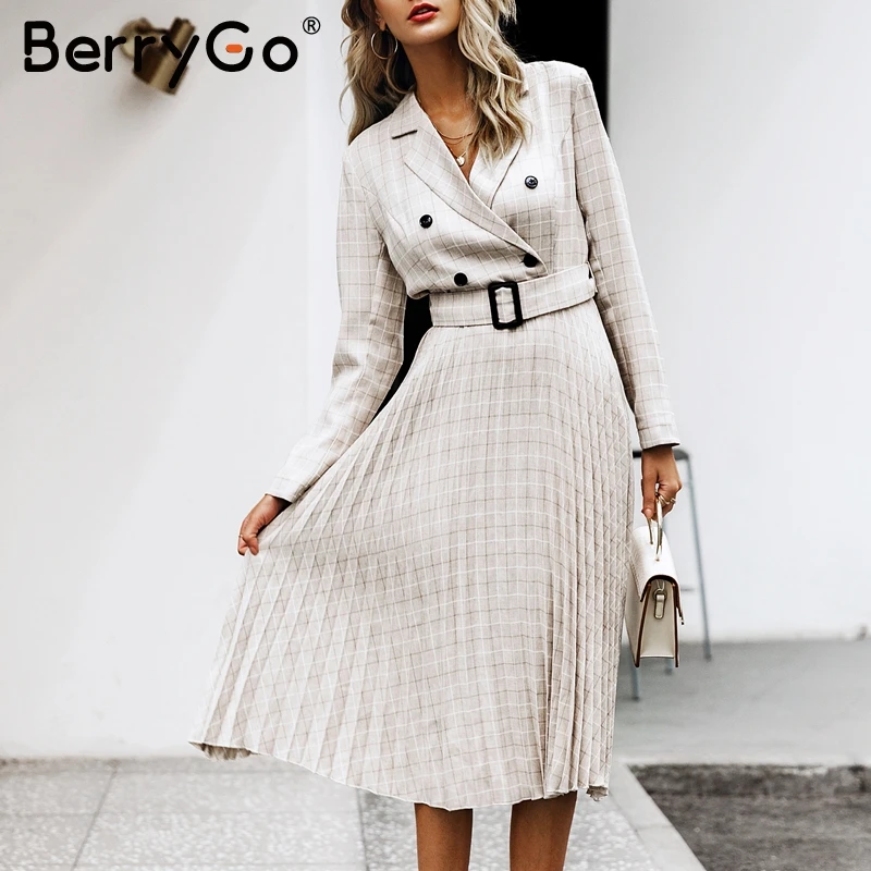 BerryGo V-образным вырезом на пуговицах ремень женское платье Элегантный блейзер плиссированные A-Line офисные женские платья с длинным рукавом осень