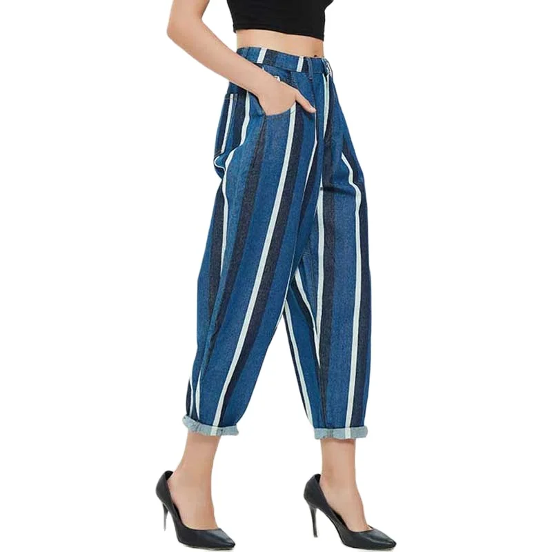 

Fashion Harlan Streetwear Jeans High Waist BF Street Wind Loose Casual Mom Jeans Inelastic Striped Trousers