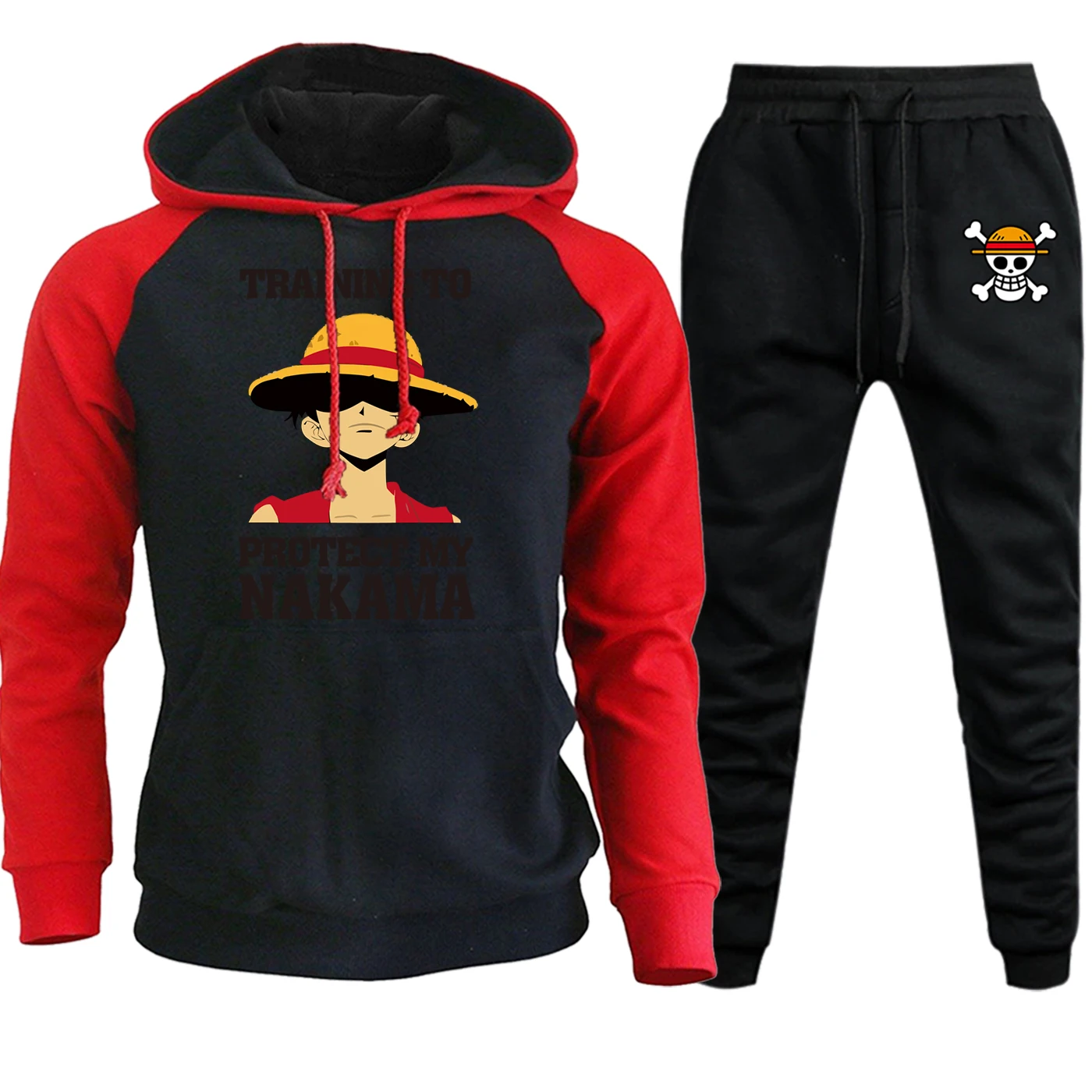 Luffy, сдельный мужской свитер с капюшоном, реглан, Осень-зима, мультяшный принт, Мужской пуловер, флисовая толстовка+ штаны, комплект из 2 предметов - Цвет: 2 red black-6