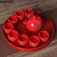 Chinese traditional wedding ceramic tea set Red Double Happiness Teapot Newlywed Gift Home Tea Set Accessories WSHYUFEI