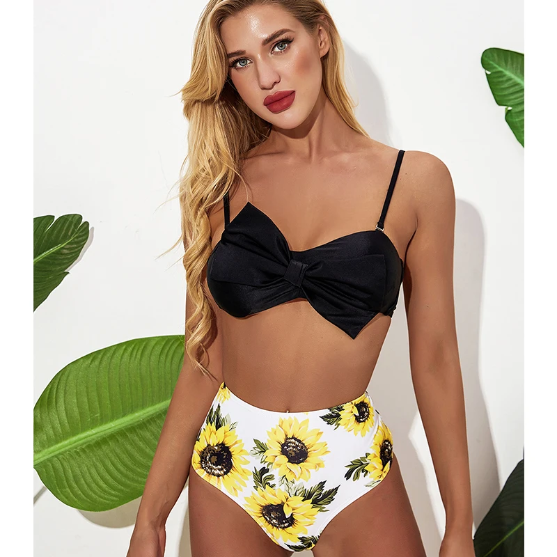 2020 сексуальный бантик с высокой талией бикини набор принтом подсолнуха женский