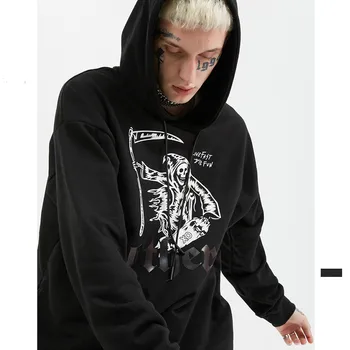 

2019 Autumn and Winter New Skull Print Black English Back Bone Terry Hooded Men's Sweatshirts